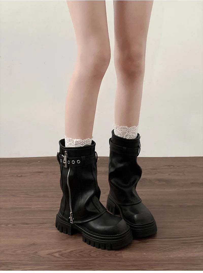 Winter Frauen Biker Stiefel Mode Gürtel Schnalle Damen Elegante Plattform Wohnungen Kurze Booties Casual frauen Ritter Booties