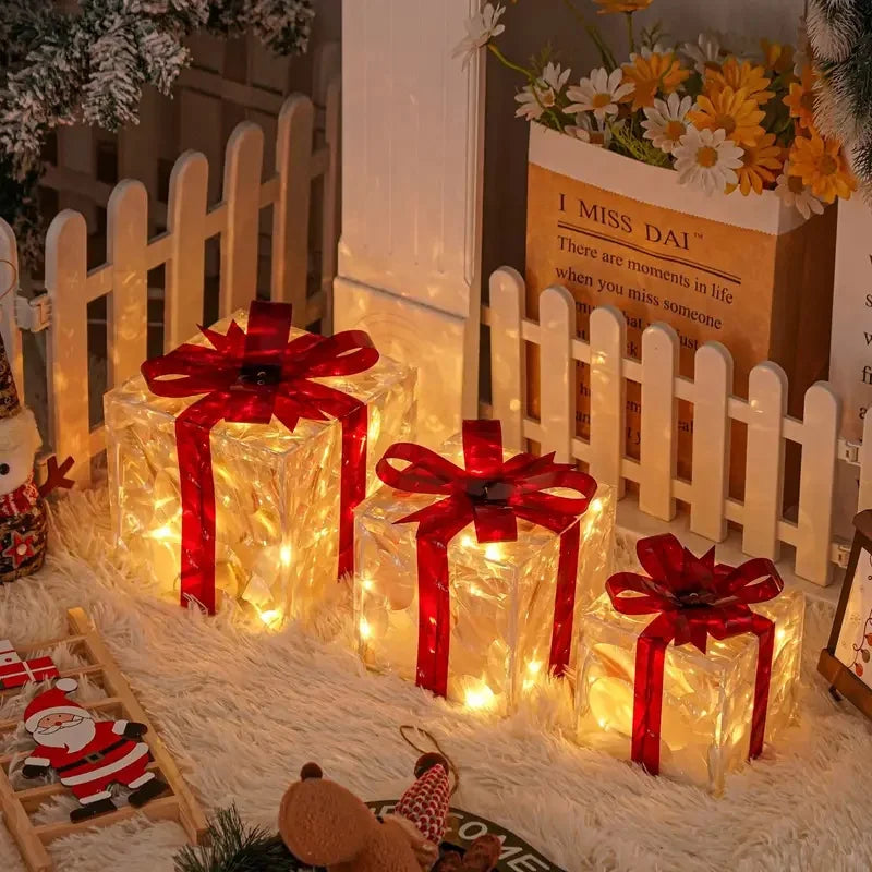 2026 Weihnachts-Leuchtgeschenkbox-Dekoration mit Schleife, Beleuchtungsbox für Außenbereich, Weihnachts- und Neujahrsdekoration für Haus und Garten