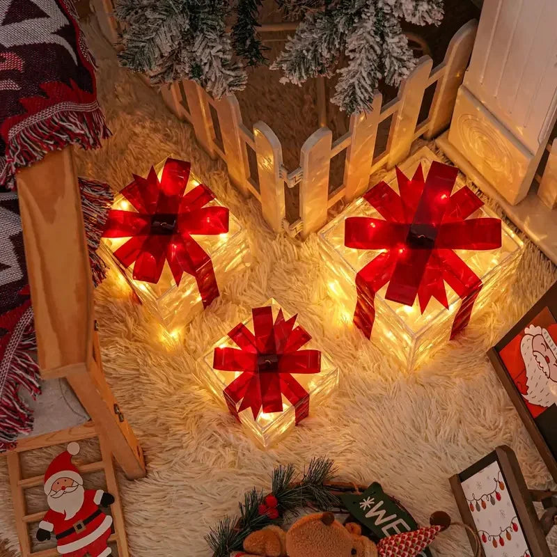 2026 Weihnachts-Leuchtgeschenkbox-Dekoration mit Schleife, Beleuchtungsbox für Außenbereich, Weihnachts- und Neujahrsdekoration für Haus und Garten