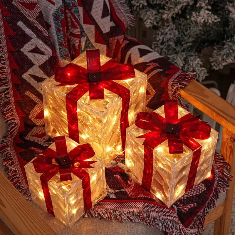 2026 Weihnachts-Leuchtgeschenkbox-Dekoration mit Schleife, Beleuchtungsbox für Außenbereich, Weihnachts- und Neujahrsdekoration für Haus und Garten
