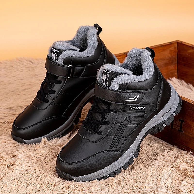 Winterstiefel für Herren, neue wasserdichte PU-Leder-warme Schnee-Stiefeletten für den Außenbereich, warmer Plüsch, rutschfeste Arbeits-High-Top-Freizeitschuhe