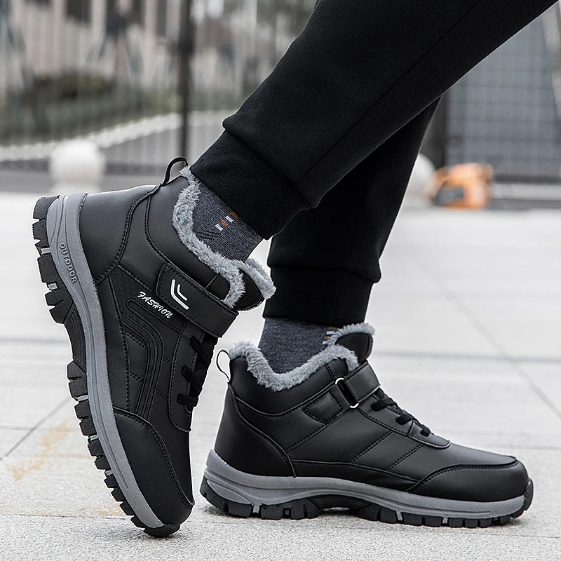 Winterstiefel für Herren, neue wasserdichte PU-Leder-warme Schnee-Stiefeletten für den Außenbereich, warmer Plüsch, rutschfeste Arbeits-High-Top-Freizeitschuhe