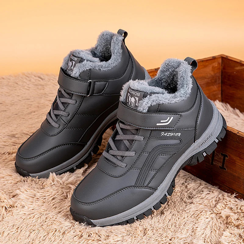 Winterstiefel für Herren, neue wasserdichte PU-Leder-warme Schnee-Stiefeletten für den Außenbereich, warmer Plüsch, rutschfeste Arbeits-High-Top-Freizeitschuhe