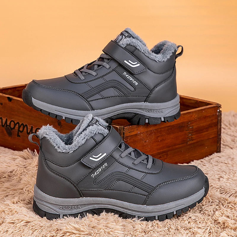 Winterstiefel für Herren, neue wasserdichte PU-Leder-warme Schnee-Stiefeletten für den Außenbereich, warmer Plüsch, rutschfeste Arbeits-High-Top-Freizeitschuhe