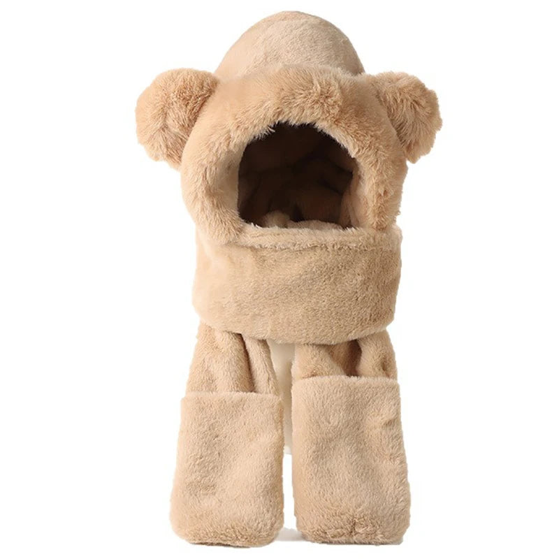 Winter warmes Plüsch-Fleece 3-in-1-Set mit Bärenohren, Kapuze, Mütze, Schal, Handschuhe, winddichtes Outdoor-Zubehör für kaltes Wetter