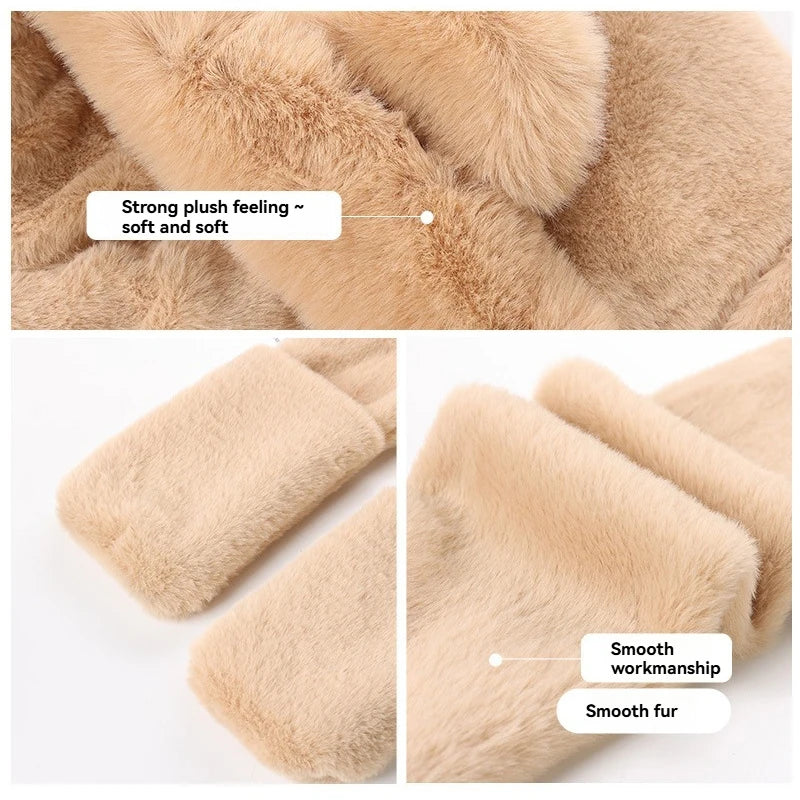 Winter warmes Plüsch-Fleece 3-in-1-Set mit Bärenohren, Kapuze, Mütze, Schal, Handschuhe, winddichtes Outdoor-Zubehör für kaltes Wetter