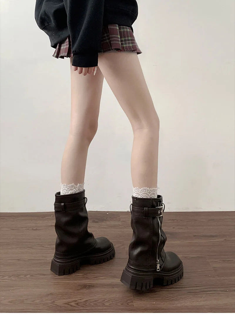 Winter Frauen Biker Stiefel Mode Gürtel Schnalle Damen Elegante Plattform Wohnungen Kurze Booties Casual frauen Ritter Booties