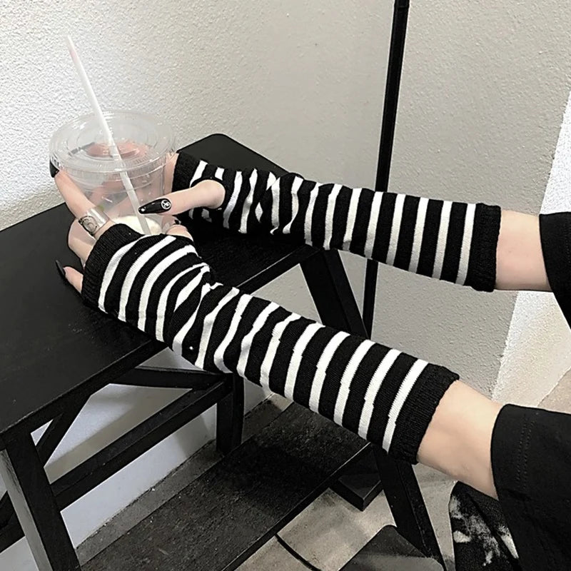 Winter Warme Lange Ärmel Handschuhe für Mann Frauen Fingerlose Streifen Hip-Hop Gestrickte Ellenbogen Fäustlinge Elastische Outdoor Wärmer Arm