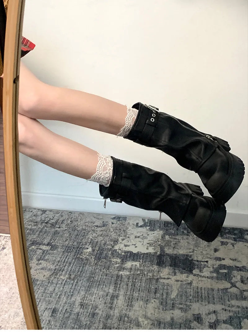 Winter Frauen Biker Stiefel Mode Gürtel Schnalle Damen Elegante Plattform Wohnungen Kurze Booties Casual frauen Ritter Booties