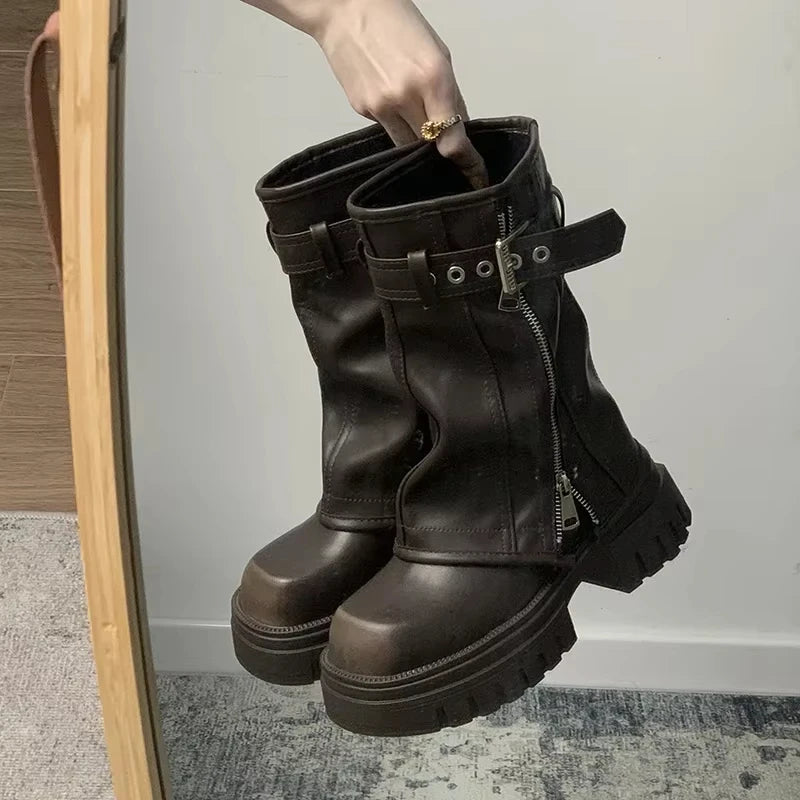 Winter Frauen Biker Stiefel Mode Gürtel Schnalle Damen Elegante Plattform Wohnungen Kurze Booties Casual frauen Ritter Booties