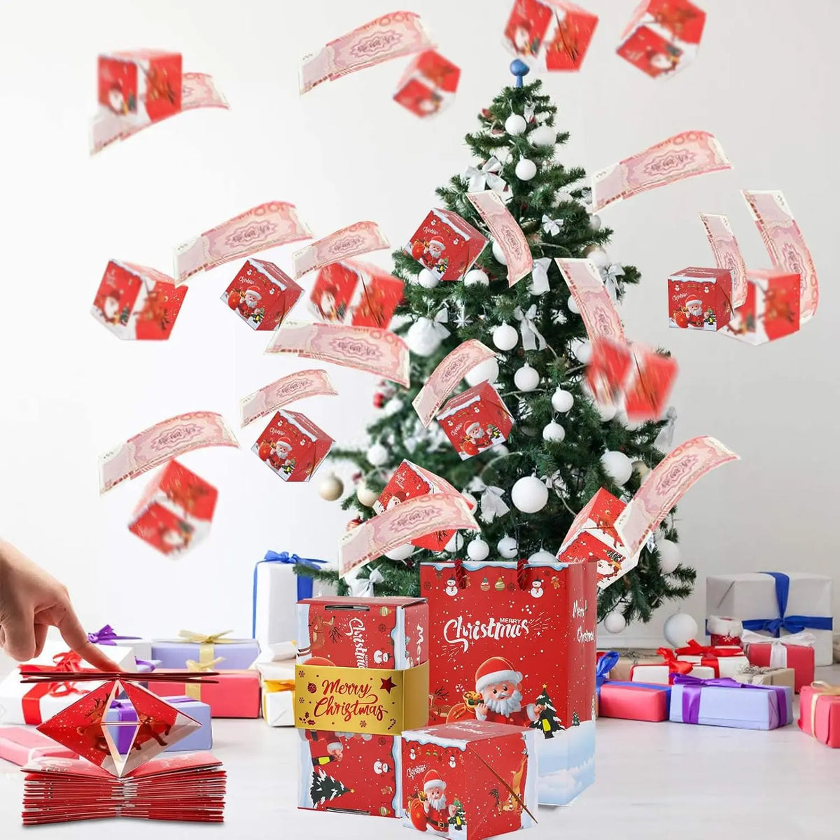 Weihnachts-Überraschungs-Geschenkbox mit Geldfunktion, Rot/Grün, Faltbare Pop-up-Papierboxen für Weihnachten, DIY-Geldgeschenk, Partydekoration