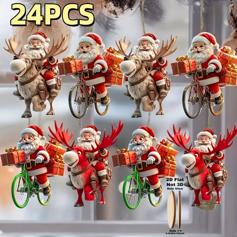 12-teiliges Weihnachtsmann-Holzanhänger-Set – Perfekt für Weihnachtsbäume und festliche Heimdekorationen, 2D flache Weihnachtsmann-Geschenklieferanten-Figuren
