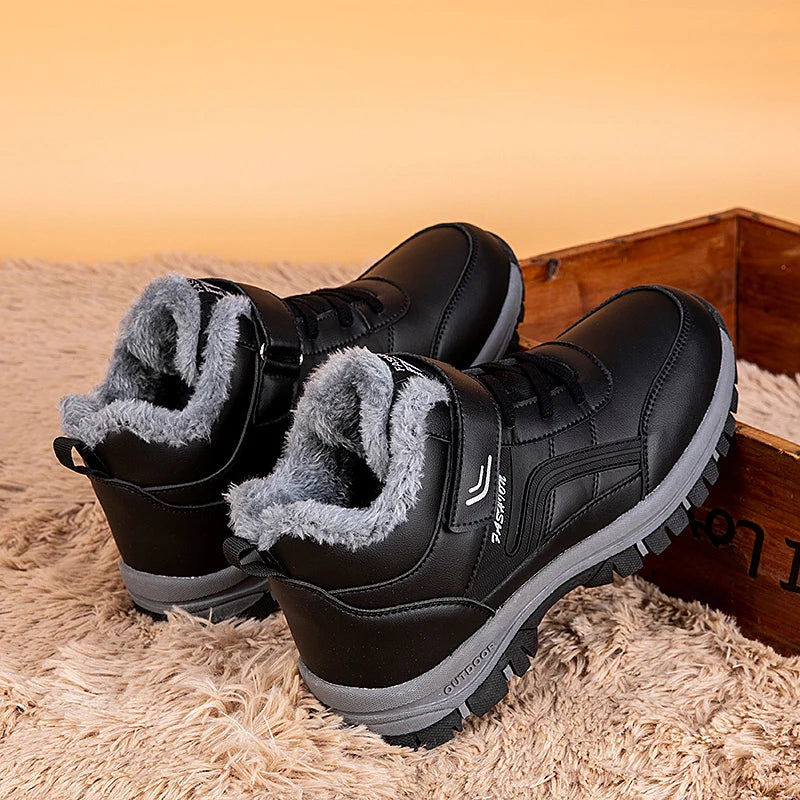 Winterstiefel für Herren, neue wasserdichte PU-Leder-warme Schnee-Stiefeletten für den Außenbereich, warmer Plüsch, rutschfeste Arbeits-High-Top-Freizeitschuhe
