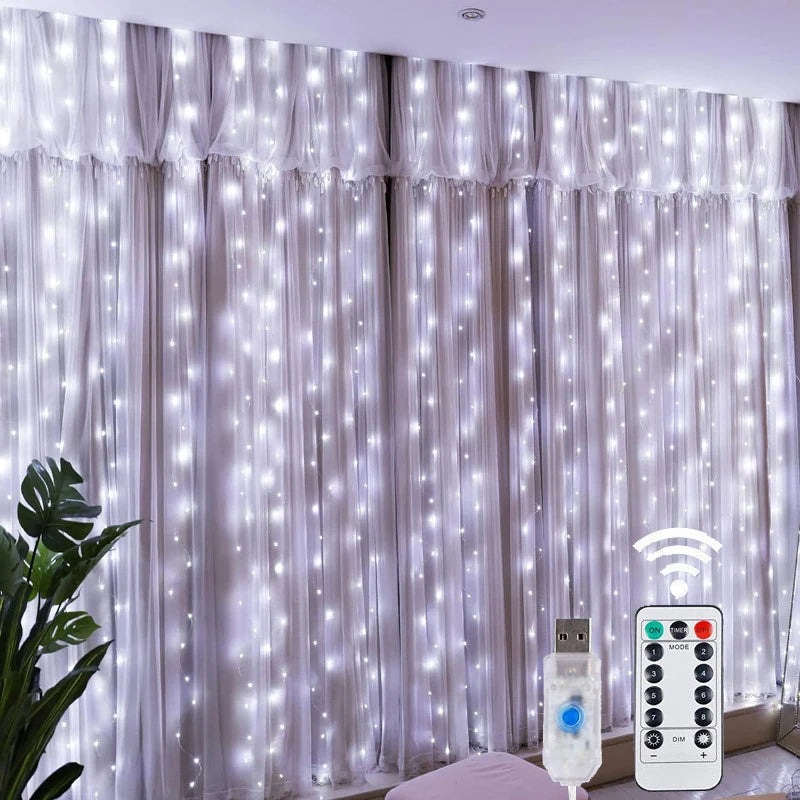 Weihnachtsbeleuchtung, LED-Feen-Lichterkette, Vorhang, Lichter, 8-Modus, Fernbedienung, USB, Girlande, Weihnachtsdekoration für Zuhause, Urlaub, Neujahr, Lampe