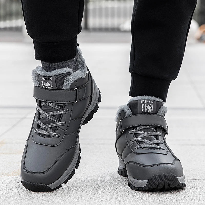 Winterstiefel für Herren, neue wasserdichte PU-Leder-warme Schnee-Stiefeletten für den Außenbereich, warmer Plüsch, rutschfeste Arbeits-High-Top-Freizeitschuhe