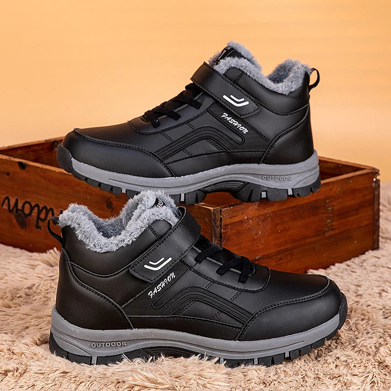 Winterstiefel für Herren, neue wasserdichte PU-Leder-warme Schnee-Stiefeletten für den Außenbereich, warmer Plüsch, rutschfeste Arbeits-High-Top-Freizeitschuhe