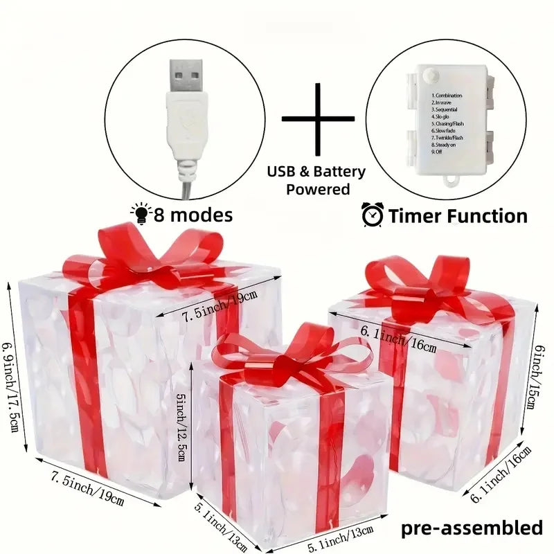 2026 Weihnachts-Leuchtgeschenkbox-Dekoration mit Schleife, Beleuchtungsbox für Außenbereich, Weihnachts- und Neujahrsdekoration für Haus und Garten