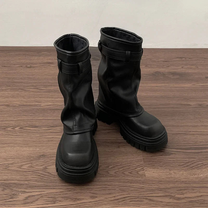 Winter Frauen Biker Stiefel Mode Gürtel Schnalle Damen Elegante Plattform Wohnungen Kurze Booties Casual frauen Ritter Booties