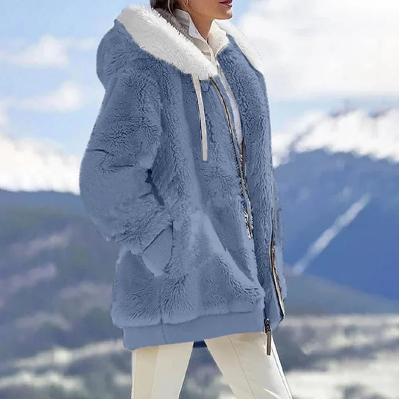 Herbst Winter Mode Damen mantel neue lässige Kapuze Reiß verschluss Dame Kleidung Kaschmir weibliche Fleece jacke einfarbige Damen mäntel