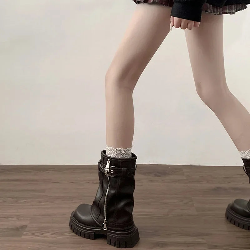 Winter Frauen Biker Stiefel Mode Gürtel Schnalle Damen Elegante Plattform Wohnungen Kurze Booties Casual frauen Ritter Booties