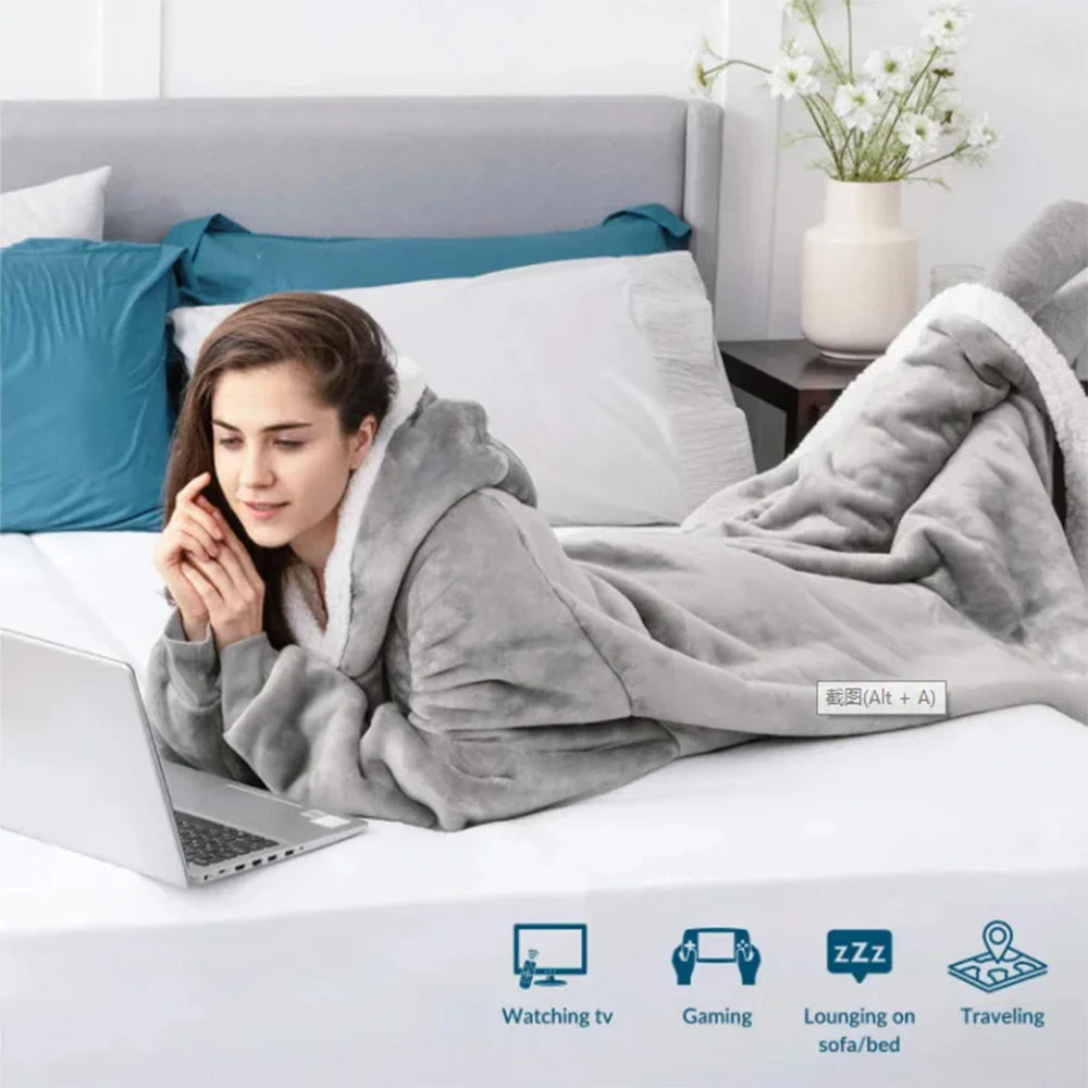 Extra lange tragbare Decken, Winter-Flanell-Kappendecke mit vollen Ärmeln, für Männer und Frauen, gemütliche, weiche Überwurf-TV-Decke für Erwachsene