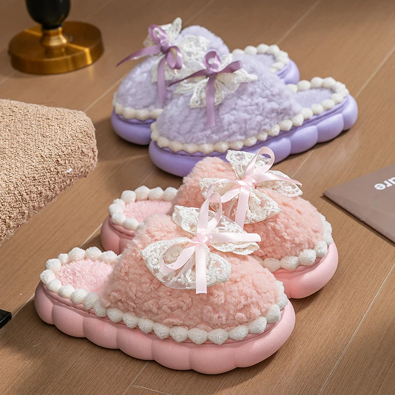 Winter Warme Fell Hausschuhe Für Frauen Dicken Sohlen Haushalts Hausschuhe Nette Schleife Nicht Slip Weichen Hause Schuhe Indoor Plüsch frauen Pantoffel