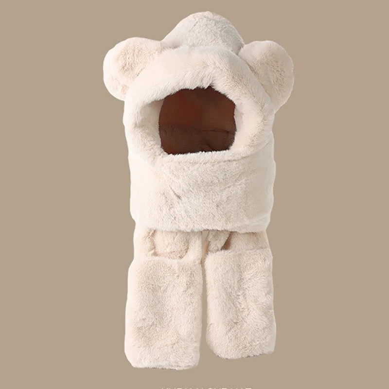 Winter warmes Plüsch-Fleece 3-in-1-Set mit Bärenohren, Kapuze, Mütze, Schal, Handschuhe, winddichtes Outdoor-Zubehör für kaltes Wetter